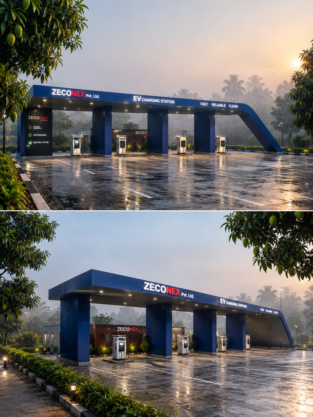 ZECONEX 204 kW Highway EV Fast-Charging Station Canopy at Misty Sunrise